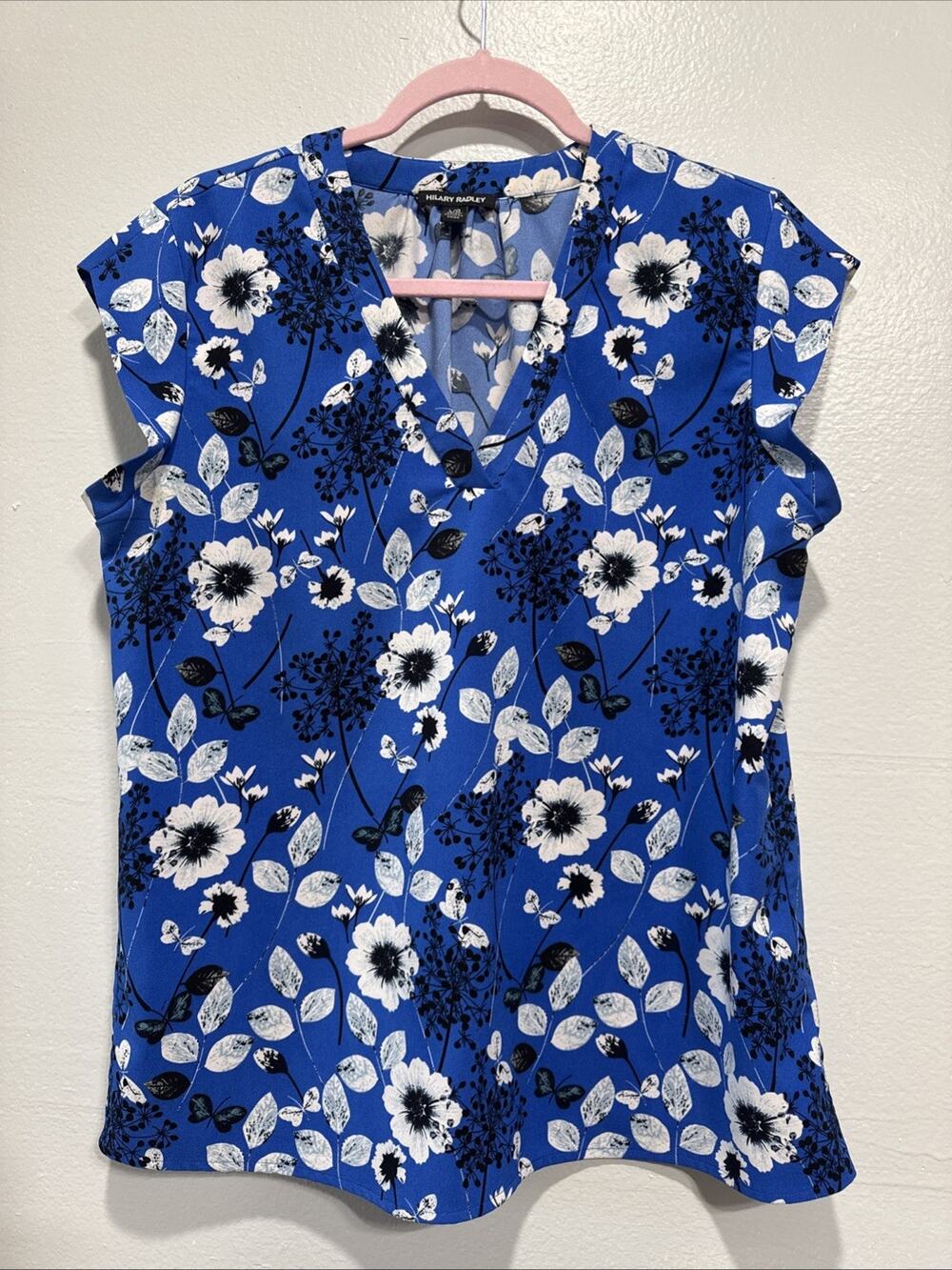 Hilary Radley Womens Top V-Neck Blue Floral Blouse Large Short Cap Sleeve Office